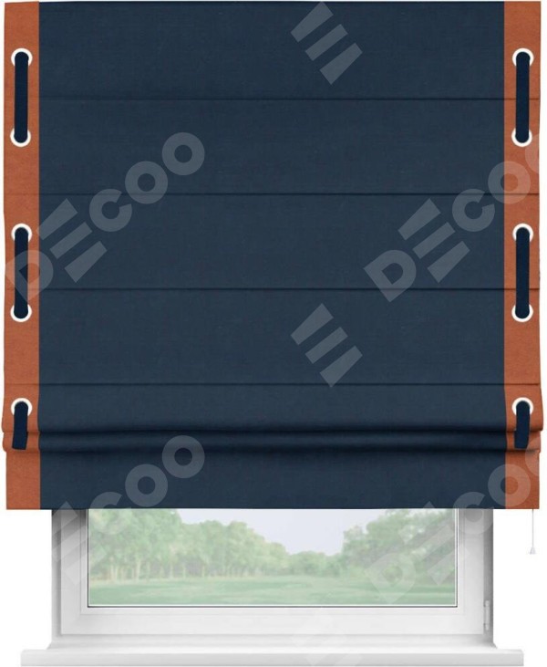 Римская штора «Кортин» с кантом Стрим Дуо (люверсы с пояском), для проема, ткань вельвет темно-синий