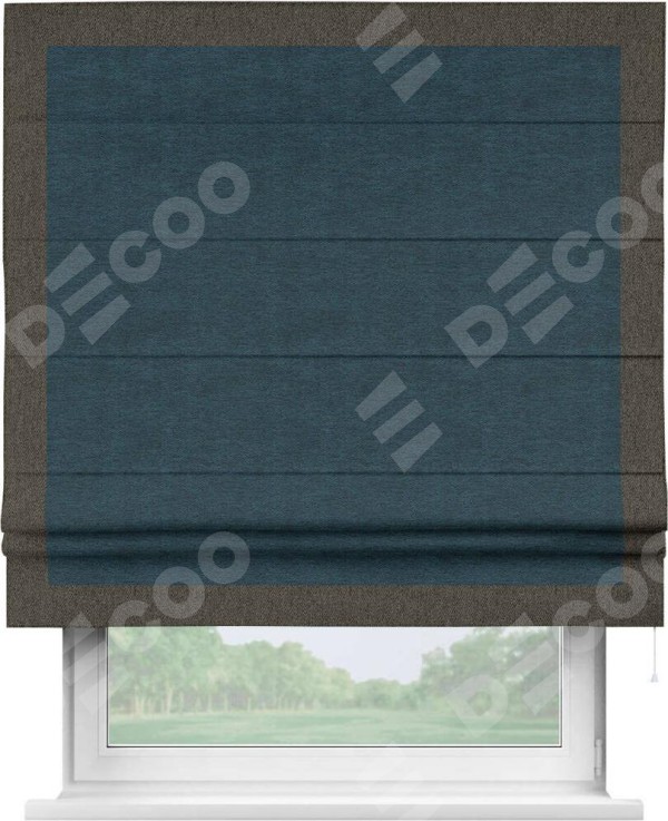 Римская штора «Кортин» с кантом Чесс, для проема, ткань твид блэкаут, глубокий синий