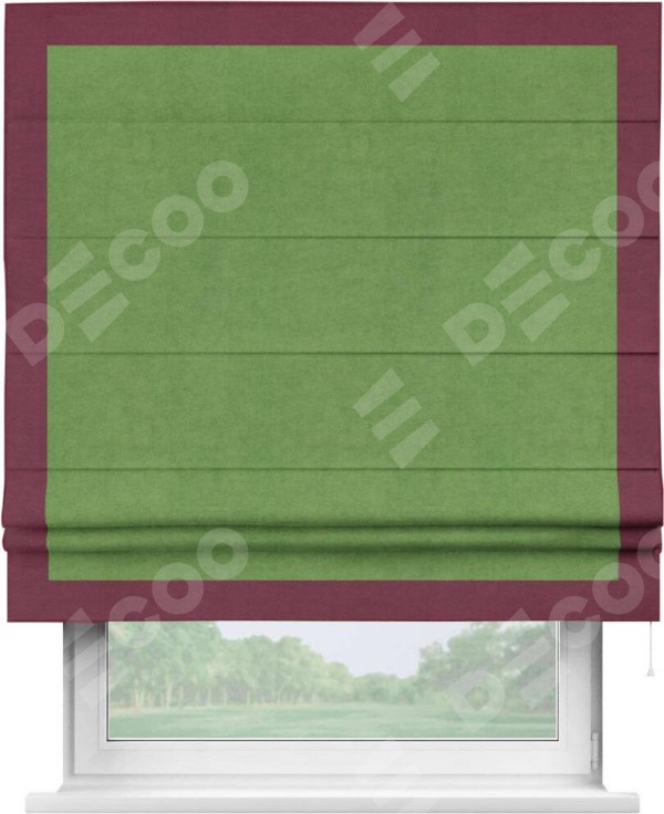 Римская штора «Кортин» с кантом Чесс, для проема, ткань вельвет салатовый