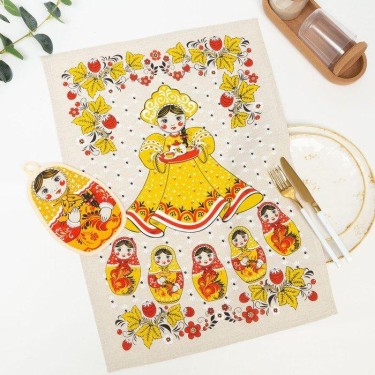 Набор кухонный Девица красавица-хохлома полотенце 45х60 см, прихватка 19х16 см, полулен,