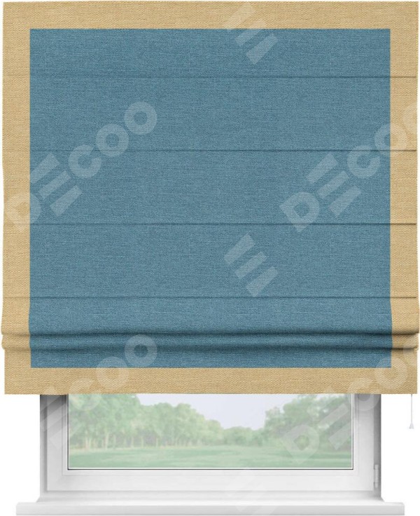 Римская штора «Кортин» с кантом Чесс, для проема, ткань лён голубой