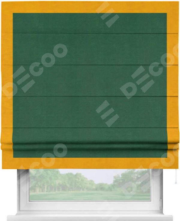 Римская штора «Кортин» с кантом Чесс, для проема, ткань вельвет зеленый