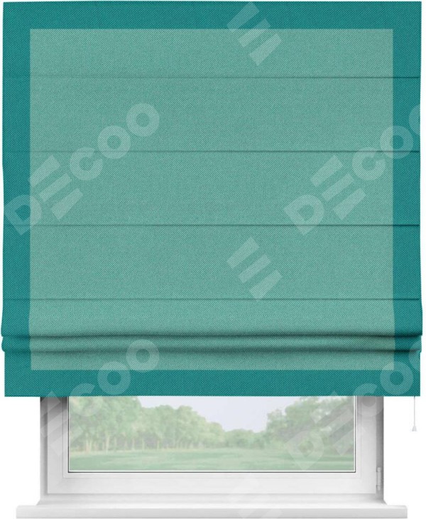 Римская штора «Кортин» с кантом Чесс, для проема, ткань лён димаут, бирюзовый