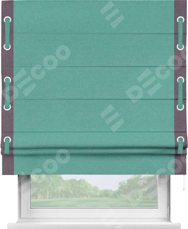 Римская штора «Кортин» с кантом Стрим Дуо (люверсы с пояском), для проема, ткань лён димаут, бирюзовый