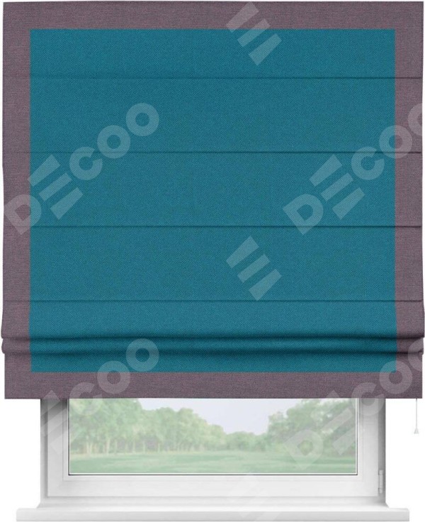 Римская штора «Кортин» с кантом Чесс, для проема, ткань лён димаут, светло-синий