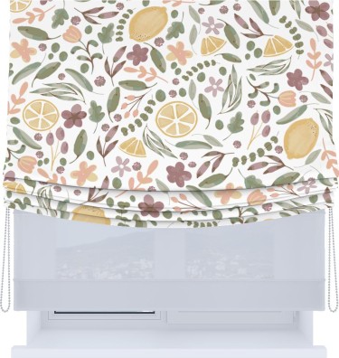 Римская штора «Кортин», день-ночь с мягкими складками, «Лимоны и цветы»