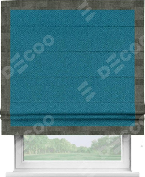 Римская штора «Кортин» с кантом Чесс, для проема, ткань лён димаут, светло-синий