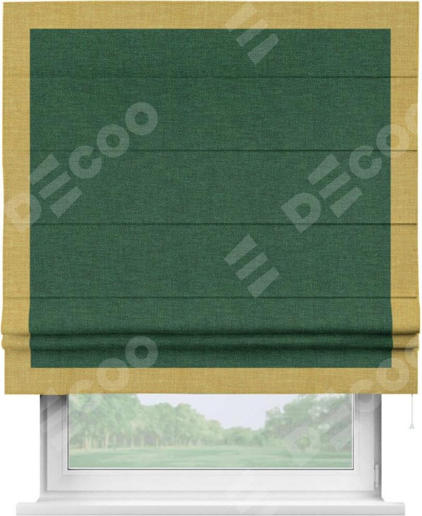 Римская штора «Кортин» с кантом Чесс, для проема, ткань лён серо-зеленый
