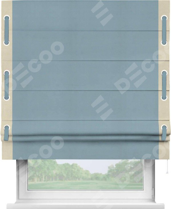 Римская штора «Кортин» с кантом Стрим Дуо (люверсы с пояском), для проема, ткань блэкаут однотонный серо-голубой