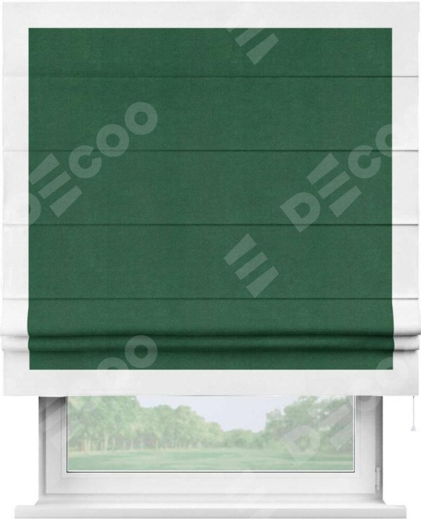 Римская штора «Кортин» с кантом Чесс, для проема, ткань вельвет зеленый