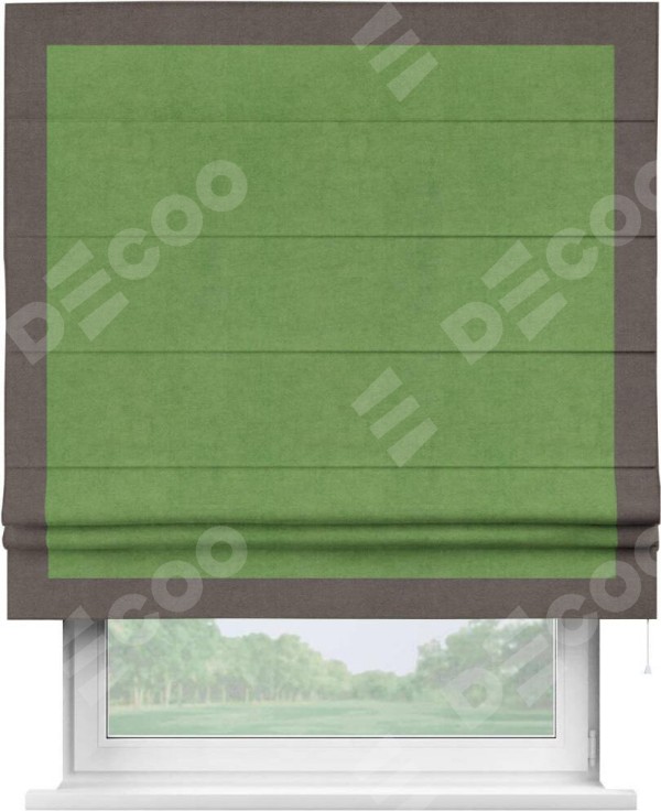 Римская штора «Кортин» с кантом Чесс, для проема, ткань вельвет салатовый